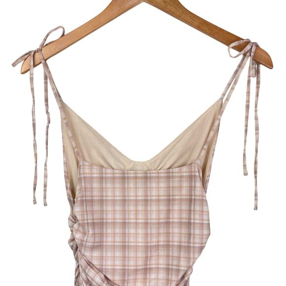 Wilfred Tan Plaid Tie Spaghetti Strap Ruched Side V-Neck Lined Bodycon Dress - Picture 4 of 8